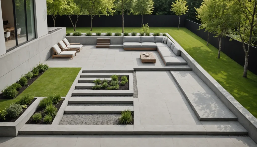 terrasse avec marches vers jardin moderne